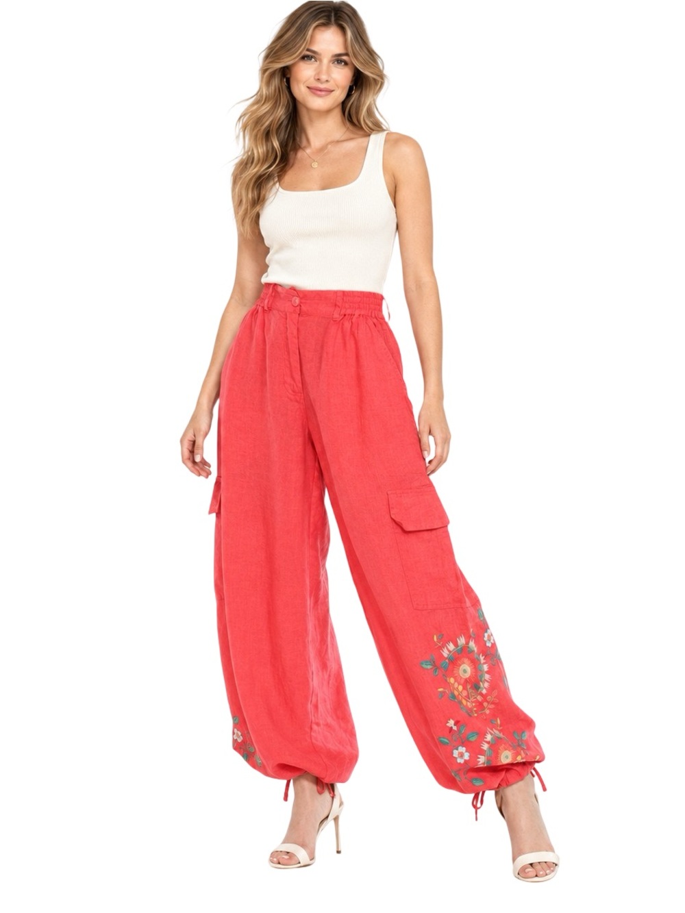 NWT Johnny Was Marisol Embroidered Linen Cargo Pants Pink Watermelon XS